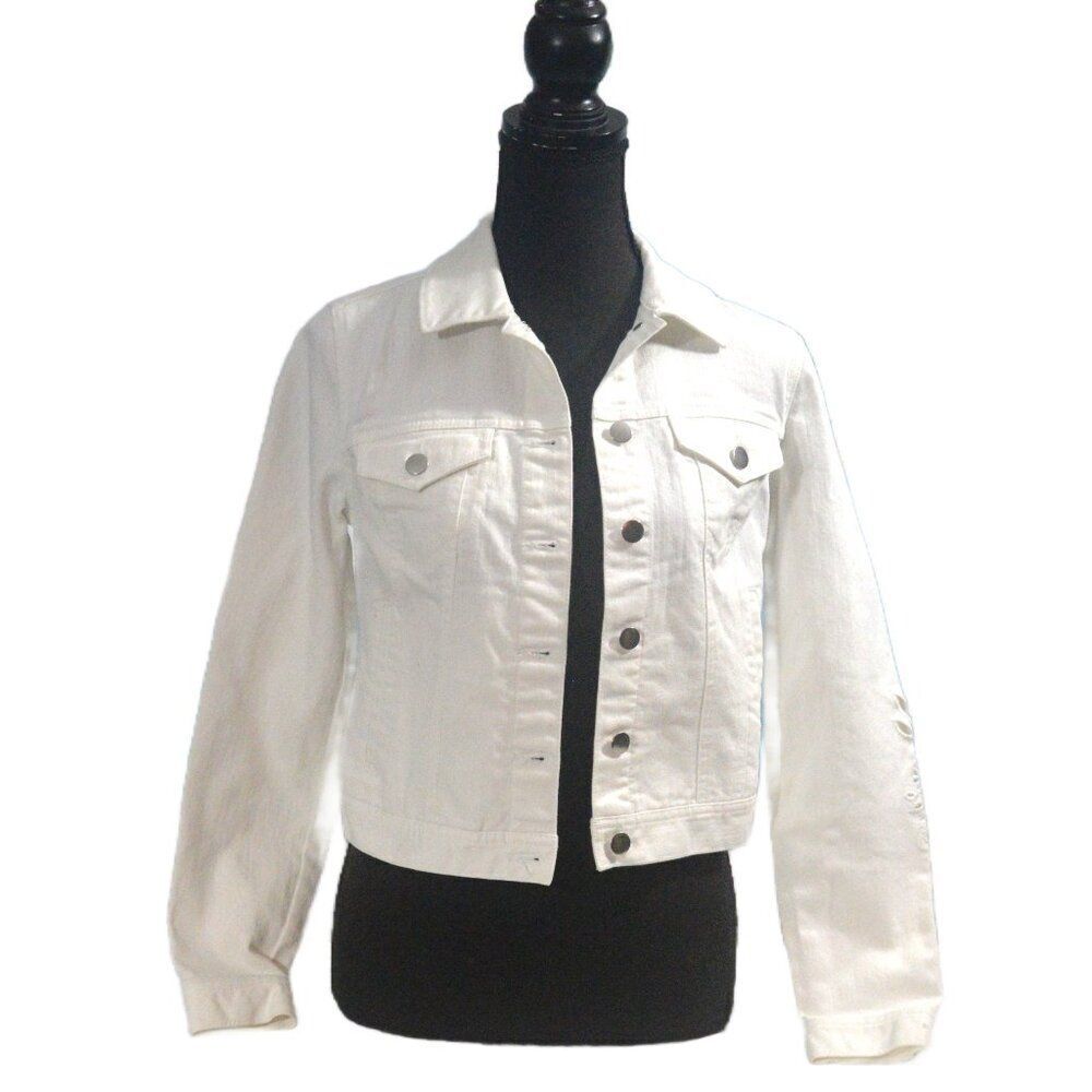 Maison Jules White Denim Jacket with Floral Sleeve Cutouts Size XS